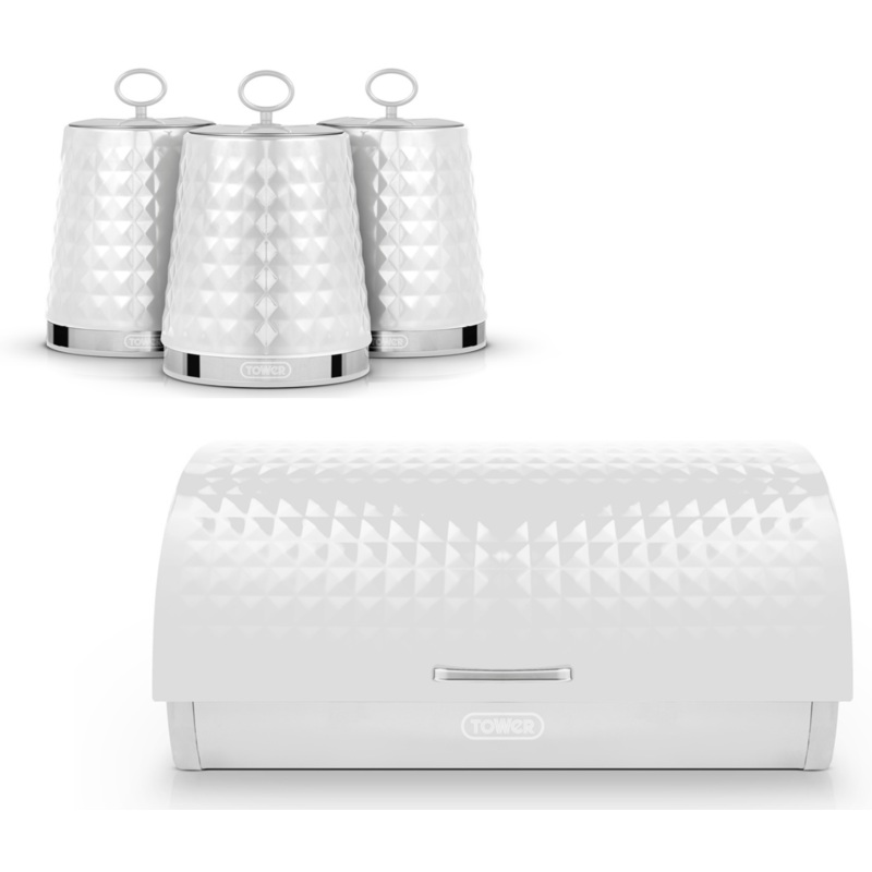 Tower Solitaire White Bread Bin Canisters Kitchen Storage Set with Embossed Diamond Design