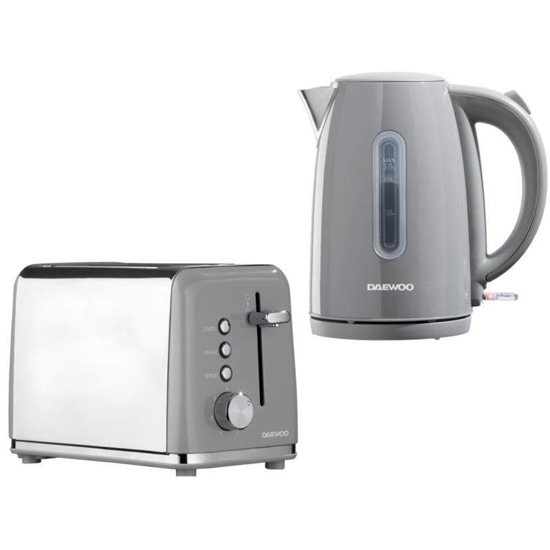 Daewoo Kensington 1.7L 3KW Jug Kettle & 2-Slice Toaster Matching Set in Grey