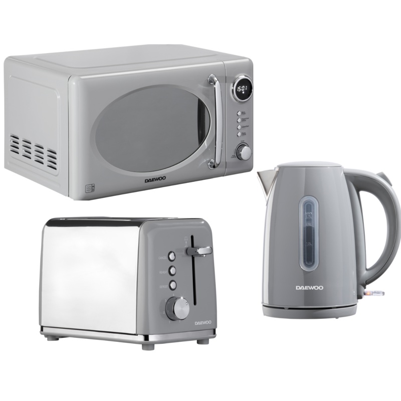Daewoo Kensington 1.7L 3KW Jug Kettle, 2-Slice Toaster & Microwave Matching Set in Grey
