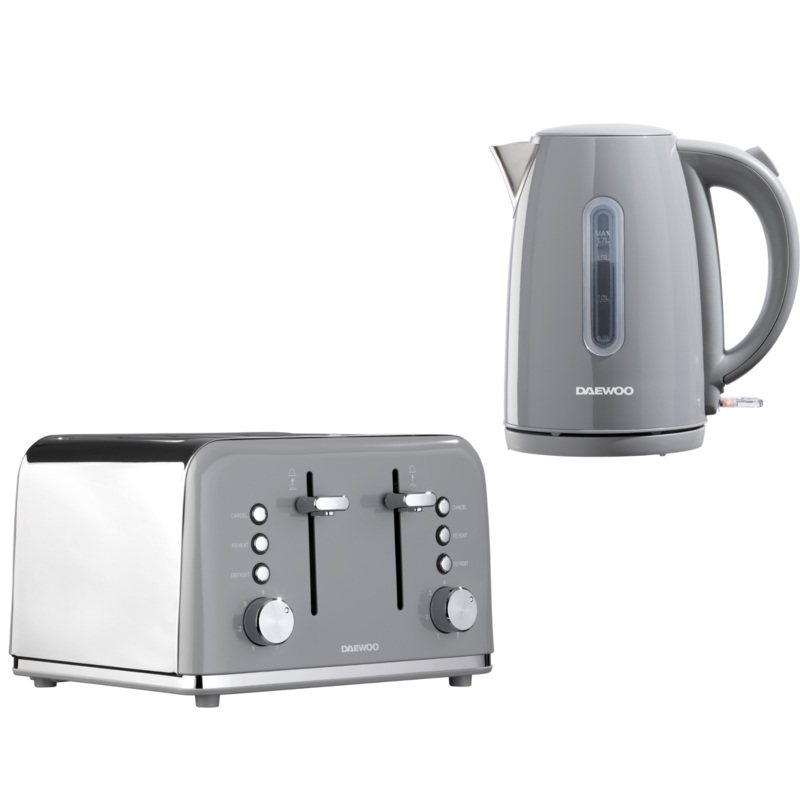 Daewoo Kensington 1.7L 3KW Jug Kettle & 4-Slice Toaster Matching Set in Grey
