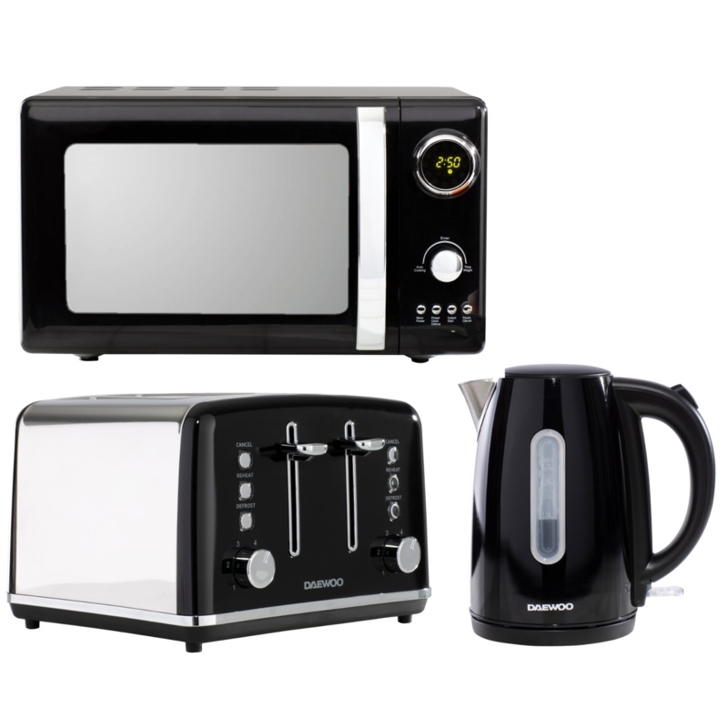 Daewoo Kensington 1.7L 3KW Jug Kettle, 4 Slice Toaster & Microwave Matching Set in Black