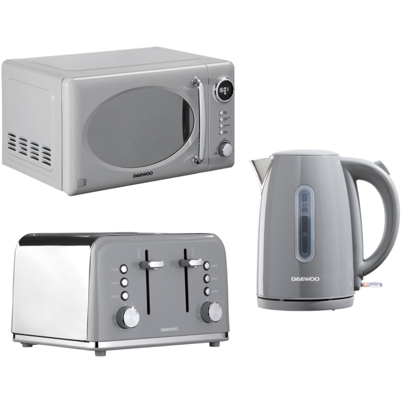 Daewoo Kensington 1.7L 3KW Jug Kettle, 4-Slice Toaster & Microwave Matching Set in Grey