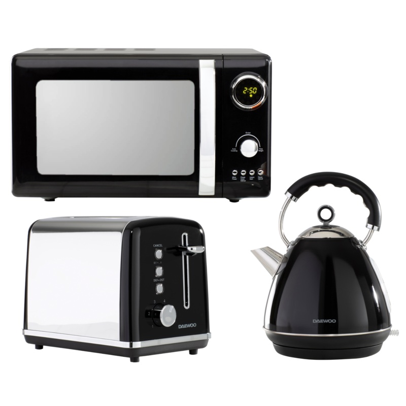 Daewoo Kensington 1.7L 3KW Pyramid Kettle, 2 Slice Toaster & Microwave Matching Set in Black