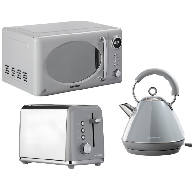 Daewoo Kensington 1.7L 3KW Pyramid Kettle, 2-Slice Toaster & Microwave Matching Set in Grey