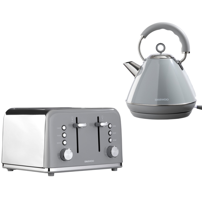 Daewoo Kensington 1.7L 3KW Pyramid Kettle & 4-Slice Toaster Matching Set Grey
