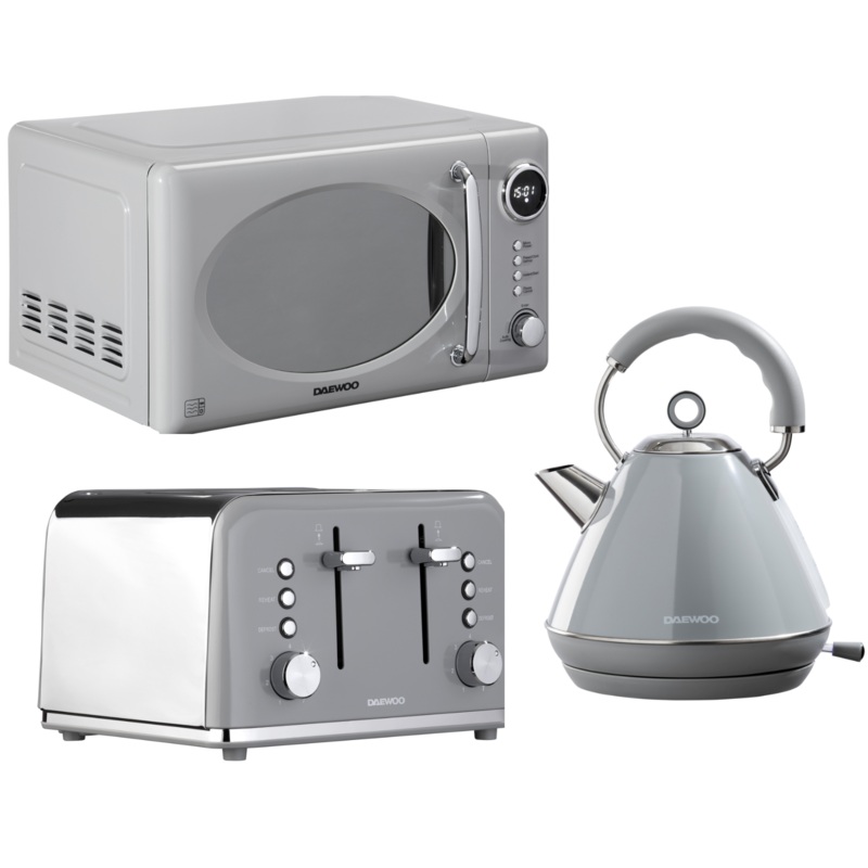 Daewoo Kensington 1.7L 3KW Pyramid Kettle, 4-Slice Toaster & Microwave Matching Set in Grey