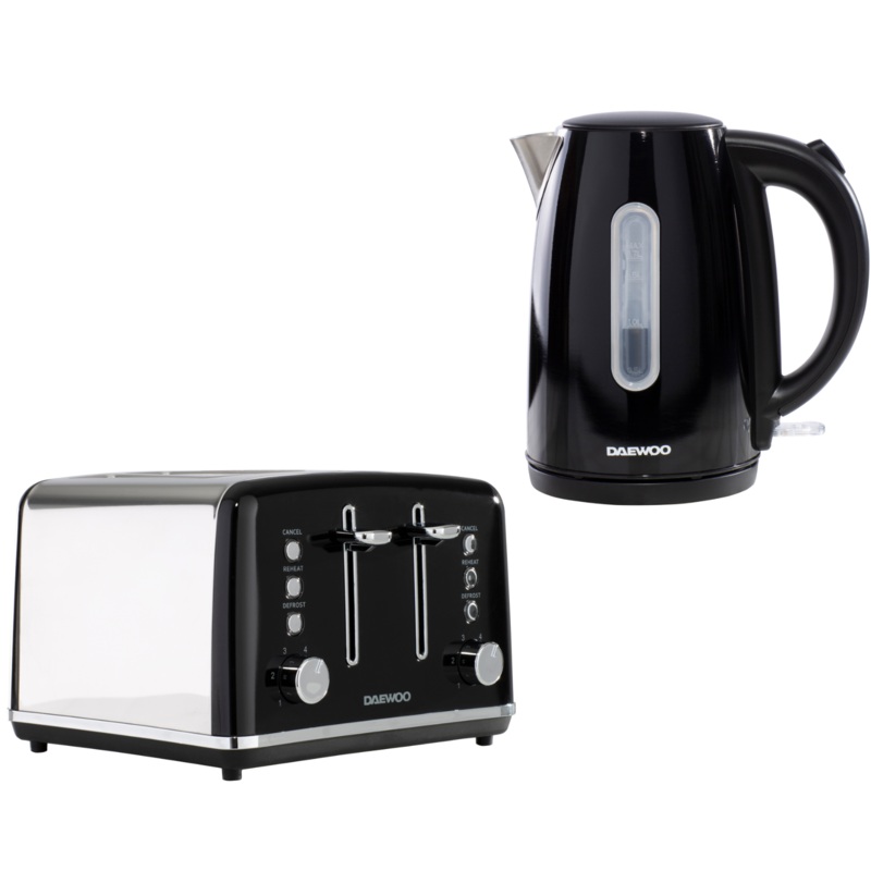 Daewoo Kensington Black 1.7L 3KW Jug Kettle & 4 Slice Toaster Matching Set