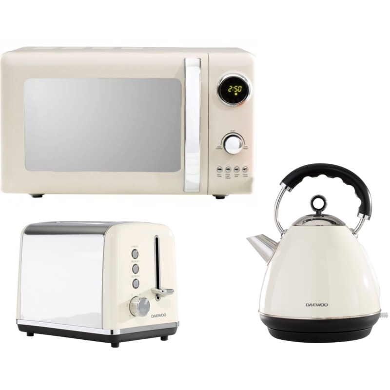 Daewoo Kensington Cream Pyramid Kettle, 2 Slice Toaster & Microwave Matching Set