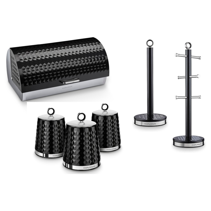 Morphy Richards Dimensions  Black Bread Bin Canisters Mug Tree & Towel Pole Set