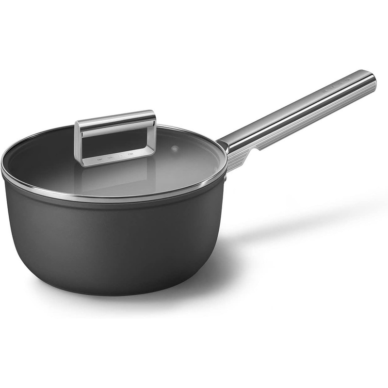 Smeg Cookware 20cm Saucepan with Lid, Non-Stick, Aluminium in Black CKFS2011BLM