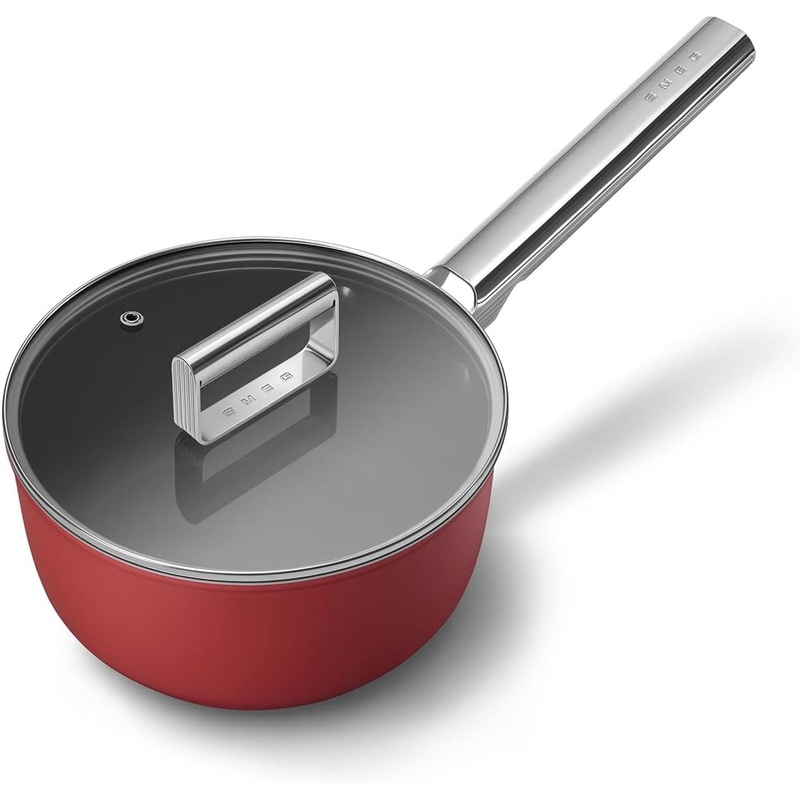 Smeg Cookware 20cm Saucepan with Lid, Non-Stick, Aluminium in Red CKFS2011RDM