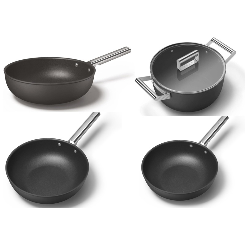 Smeg Cookware Matching Bundle Set including 24cm Casserole Pan, 24cm Frying Pan, 28 cm Frying Pan & 30cm Wok in Black