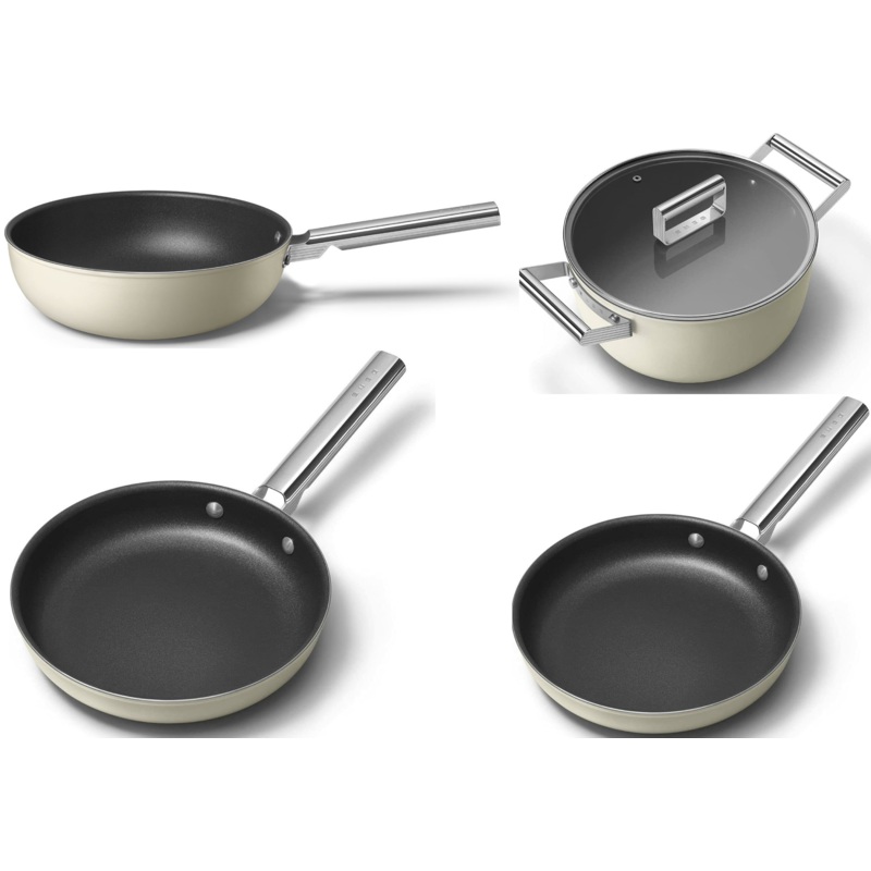 Smeg Cookware Matching Bundle Set including 24cm Casserole Pan, 24cm Frying Pan, 28 cm Frying Pan & 30cm Wok in Cream