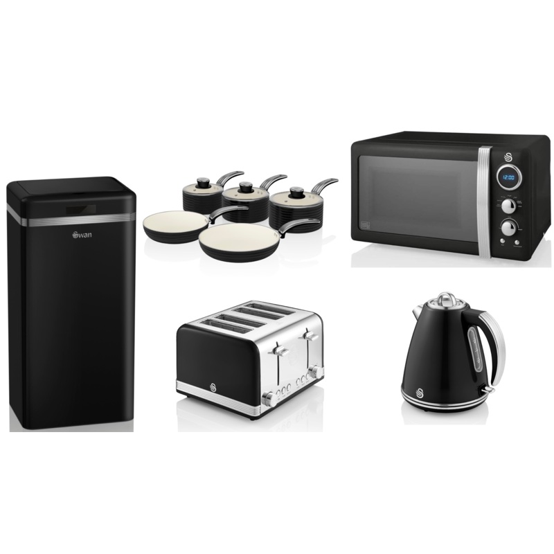 Swan Retro Black Jug Kettle, 4 Slice Toaster, 800W 20L Microwave, 45L Sensor Bin & 5 Piece Pan Set Matching Bundle Set