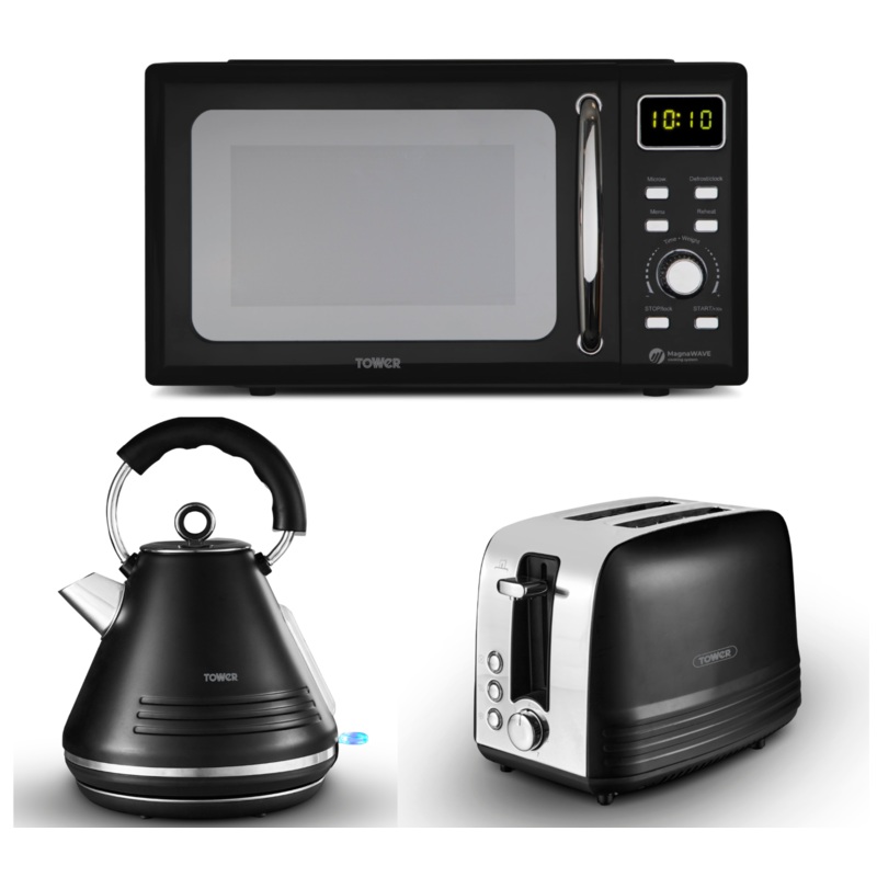 Tower Ash Black Pyramid Kettle, 2 Slice Toaster & 800W 20L Microwave T24041BLK