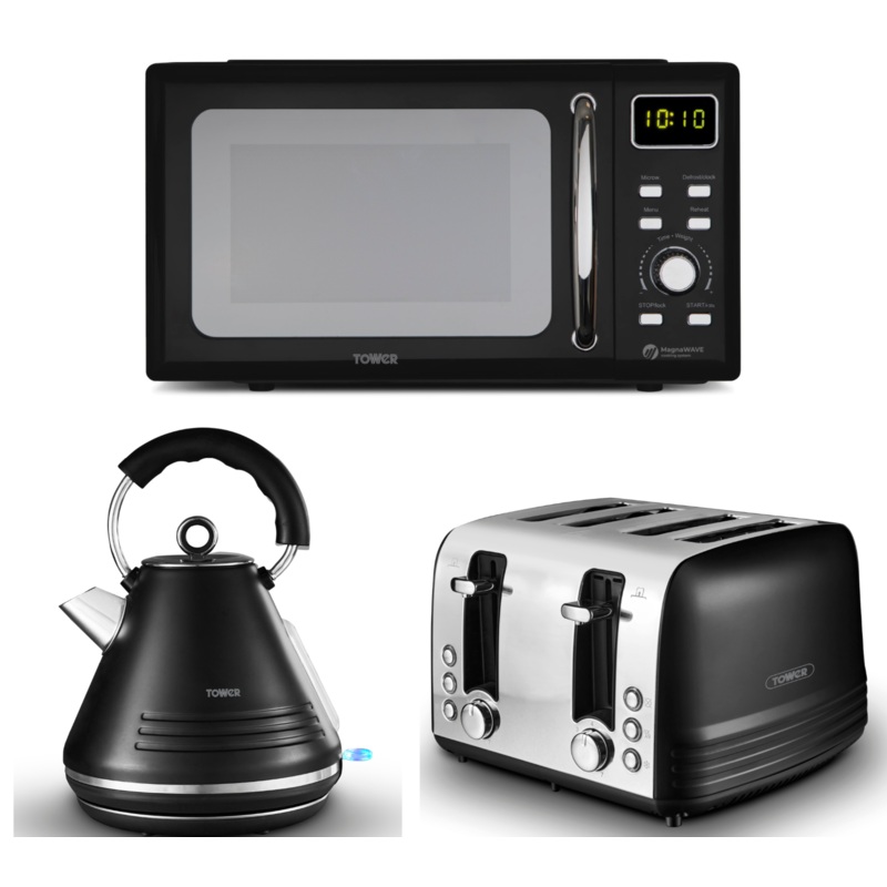 Tower Ash Black Pyramid Kettle, 4 Slice Toaster & T24041BLK 800W 20L Microwave