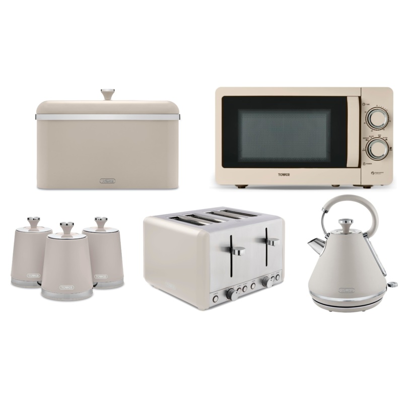 Tower Cavaletto Latte 1.7L 3KW Pyramid Kettle, 4 Slice Toaster, 800W 20L Manual Microwave, Bread Bin & Tea, Coffee & Sugar Canisters. Contemporary Matching Set