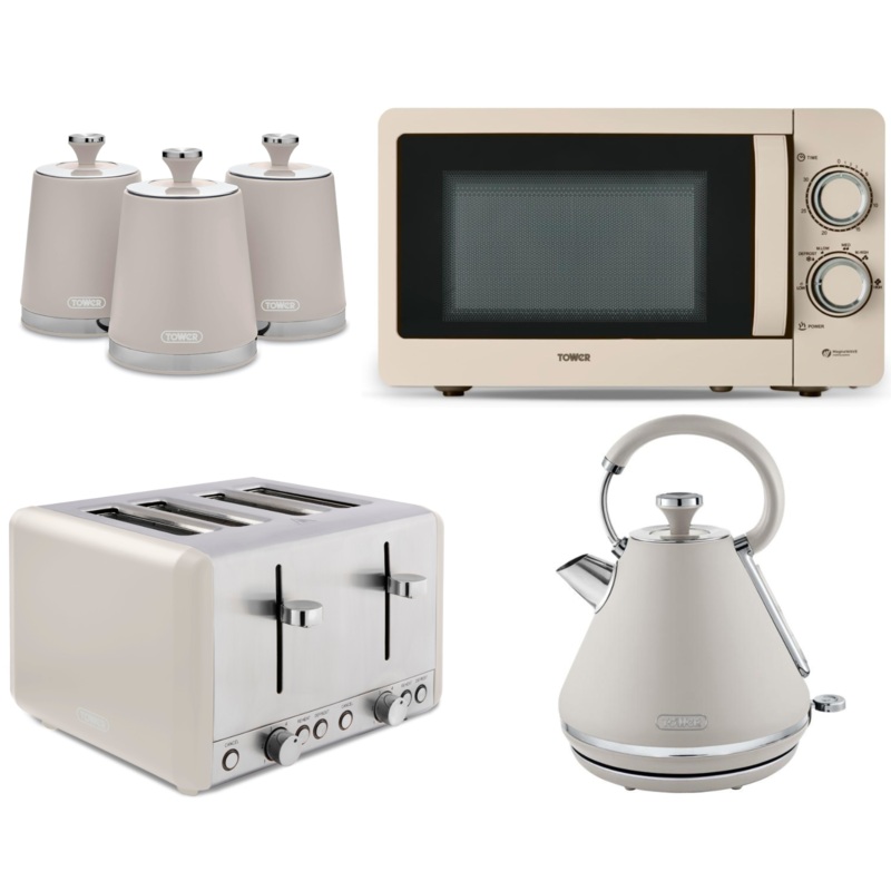 Tower Cavaletto Latte Pyramid 1.7L 3KW Kettle, 4 Slice Toaster, 800W 20L Manual Microwave & Tea, Coffee & Sugar Canisters. Contemporary Matching Set of 6 in Latte