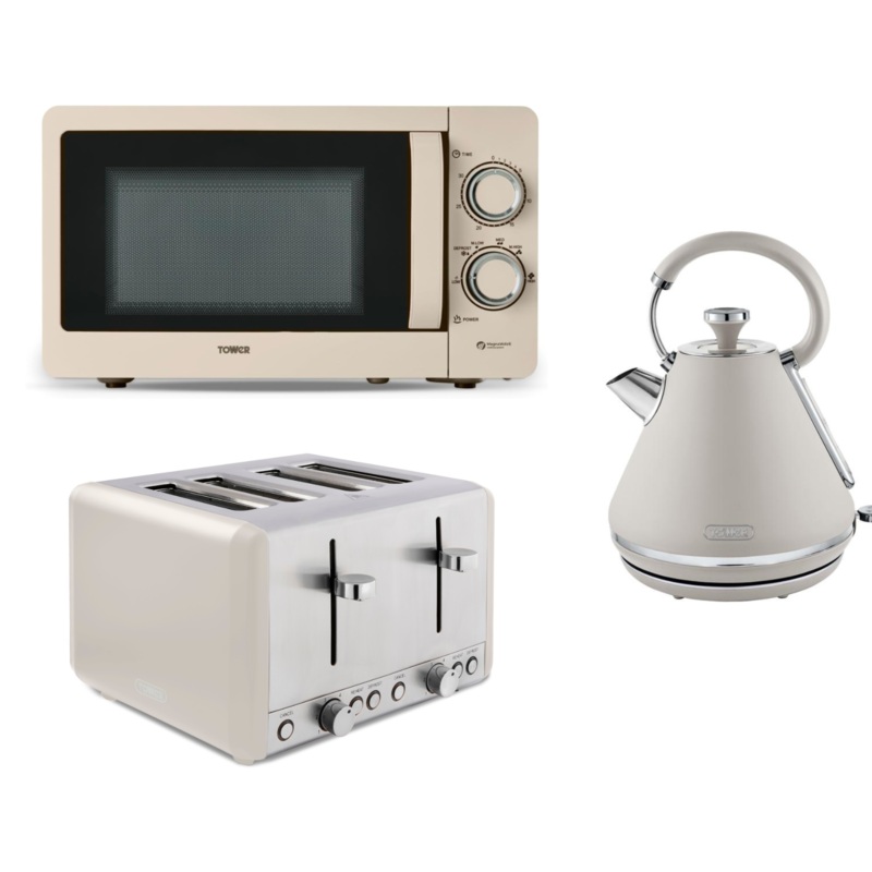 Tower Cavaletto Latte Pyramid Kettle, 4 Slice Toaster & 800W 20L Manual Microwave. Contemporary Matching Set in Latte