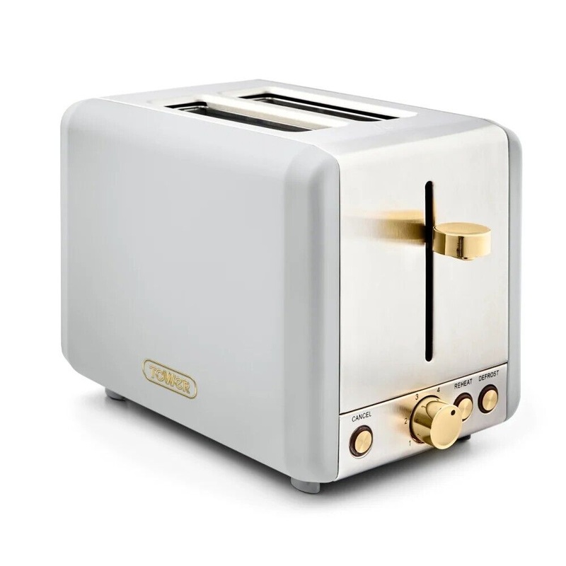 Tower Cavaletto White 2 Slice Toaster Champagne Brushed Gold Accents T20036WHT