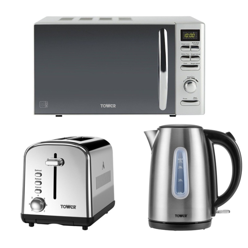 Tower Infinity Brushed Steel 1.7L 3KW Kettle, 2 Slice Toaster & 800W 20L Digital Microwave Set