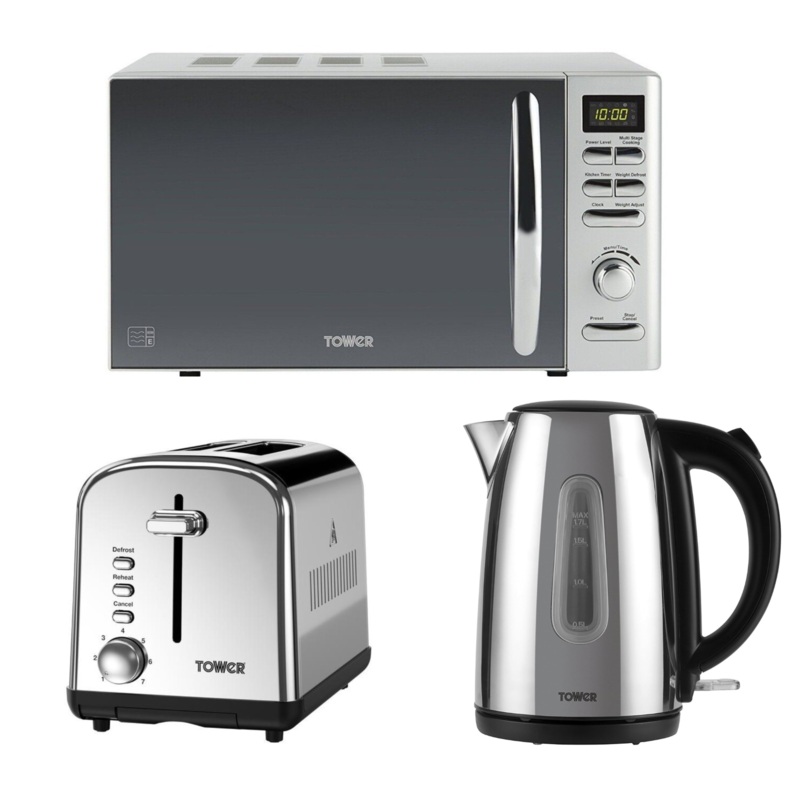 Tower Infinity Polished Steel 3KW 1.7L Kettle, 2 Slice Toaster & 800W 20L Digital Microwave Set