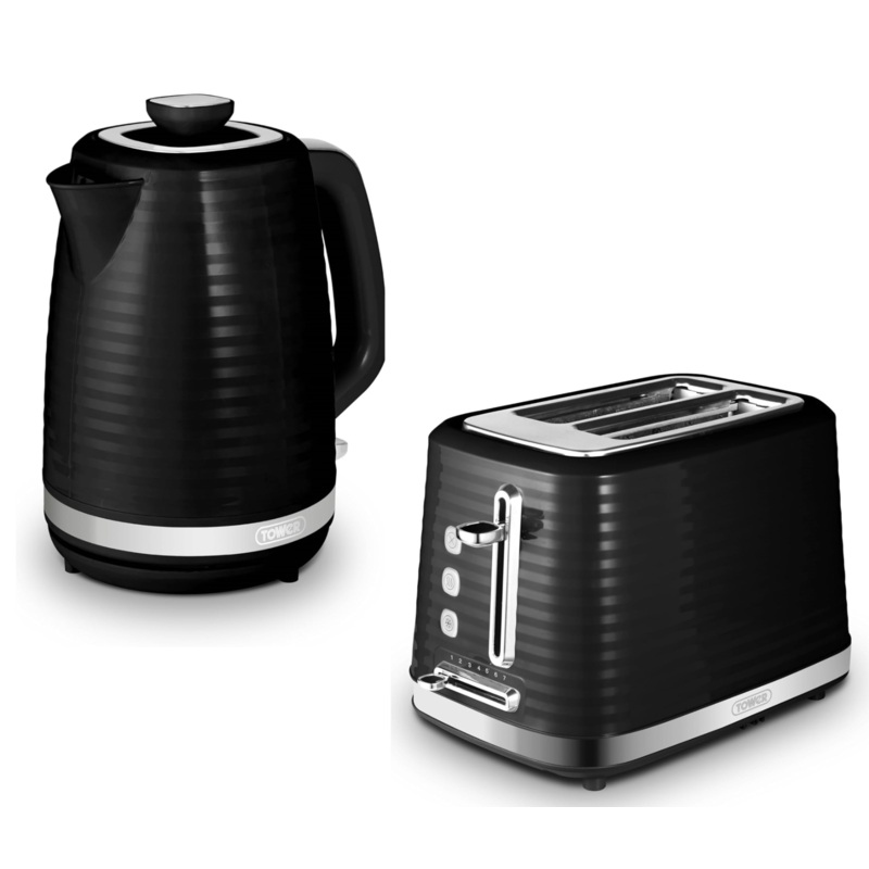 Tower Saturn 1.7L 3KW Jug Kettle & 2 Slice Toaster Black with Chrome Accents