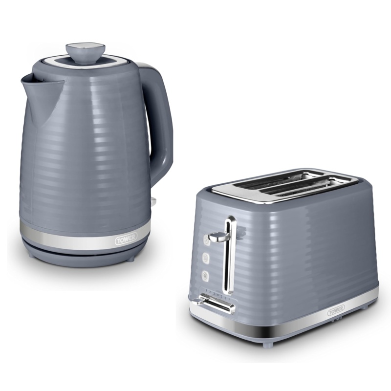 Tower Saturn 1.7L 3KW Jug Kettle & 2 Slice Toaster Grey with Chrome Accents