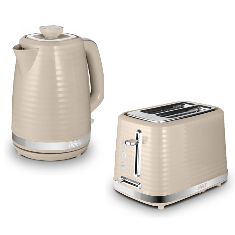 Tower Saturn 1.7L 3KW Jug Kettle & 2 Slice Toaster in Latte with Chrome Accents