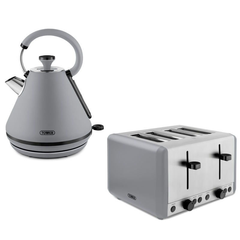 Tower Sera Pyramid Kettle & 4 Slice Toaster Matching Set in Grey with Black Trim
