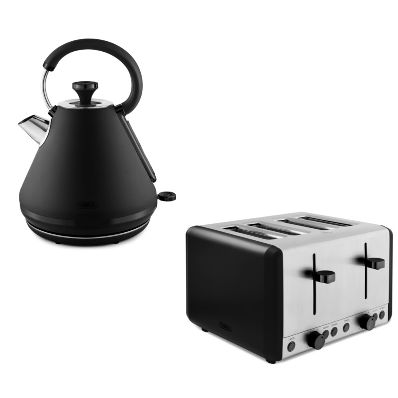 Tower Sera Pyramid Kettle & 4 Slice Toaster Set in Black with Smoked Black Trim