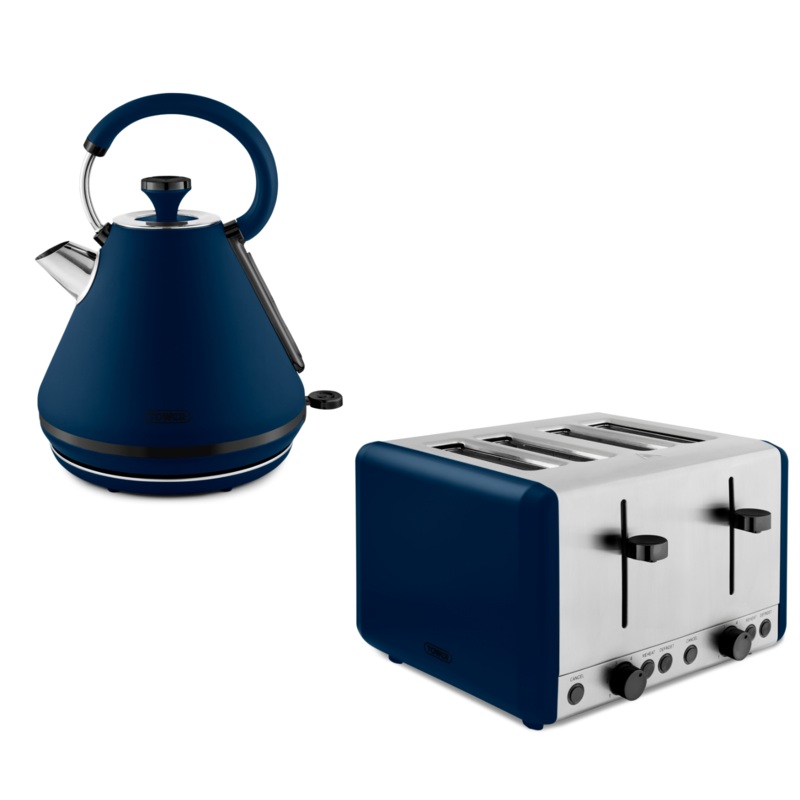 Tower Sera Pyramid Kettle & 4 Slice Toaster Set in Midnight Blue with Black Trim
