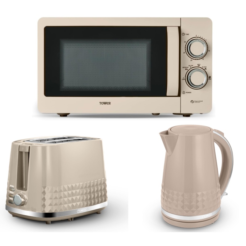 Tower Solitaire 1.5L 3KW Jug Kettle, 2 Slice Toaster & T24042MSH 800W Microwave Set in Latte & Chrome