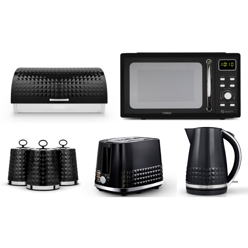 Tower Solitaire 3K 1.5L Kettle, 2 Slice Toaster, 800W 20L Digital Microwave, Bread Bin & Canisters Matching Set of 7 in Black with Chrome Accents