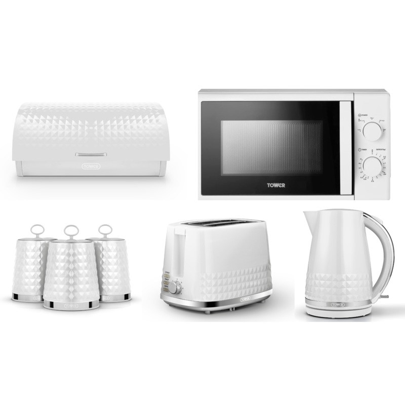 Tower Solitaire 3KW 1.5L Kettle, 2 Slice Toaster, 700W 20L Manual Microwave, Bread Bin & Canisters Matching Set in White with Chrome Accents