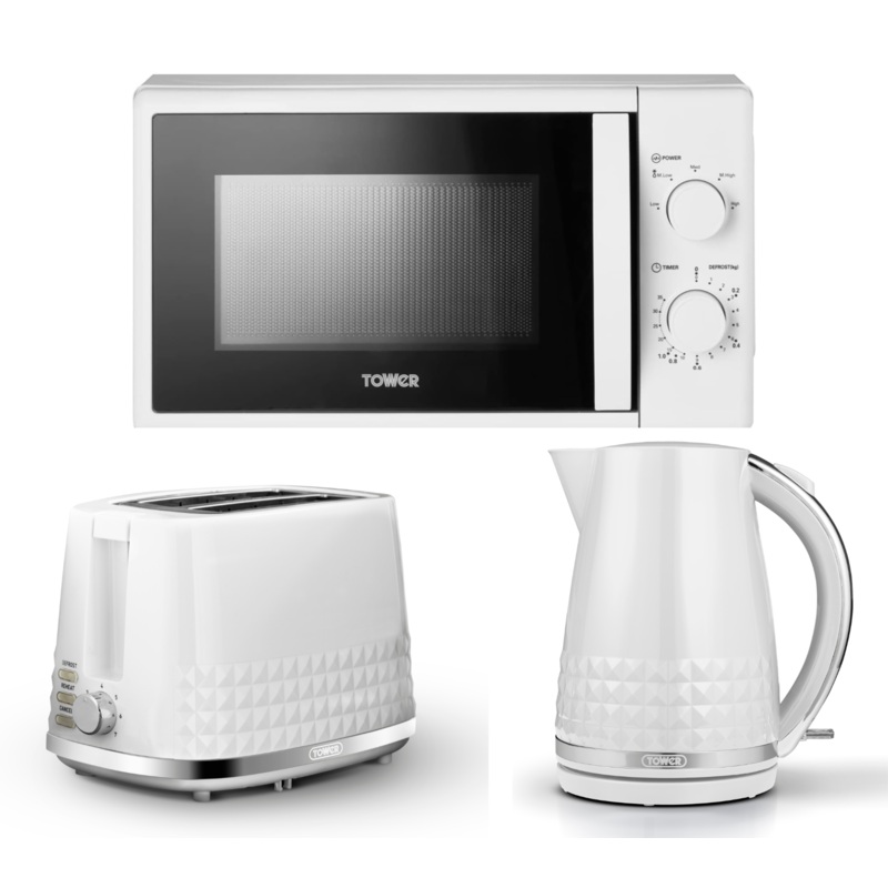 Tower Solitaire 3KW 1.5L Kettle, 2 Slice Toaster & 700W 20L Manual Microwave T24034WHT Set in White