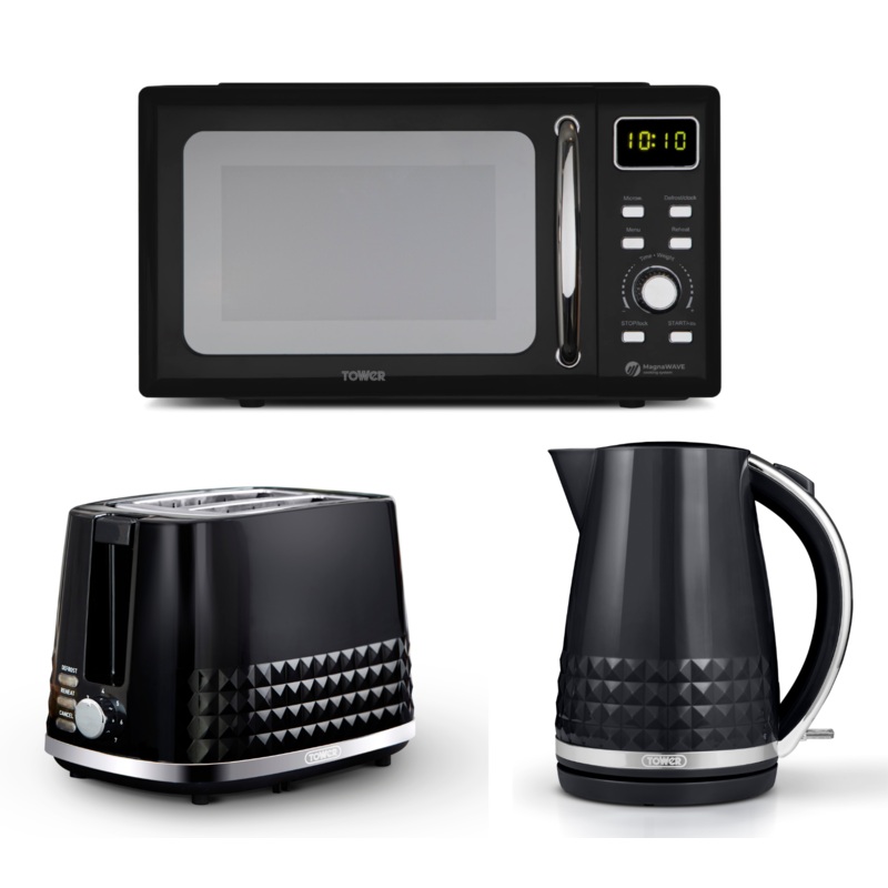 Tower Solitaire 3KW 1.5L Kettle 2 Slice Toaster & 800W 20L Digital Microwave Set in Black with Chrome Accents