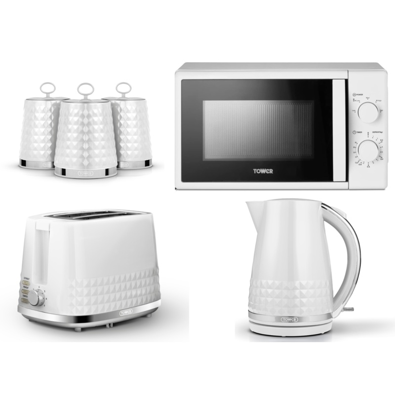 Tower Solitaire White 3KW 1.5L Jug Kettle, 2 Slice Toaster, 700W 20L Microwave & Canisters Matching Set of 6
