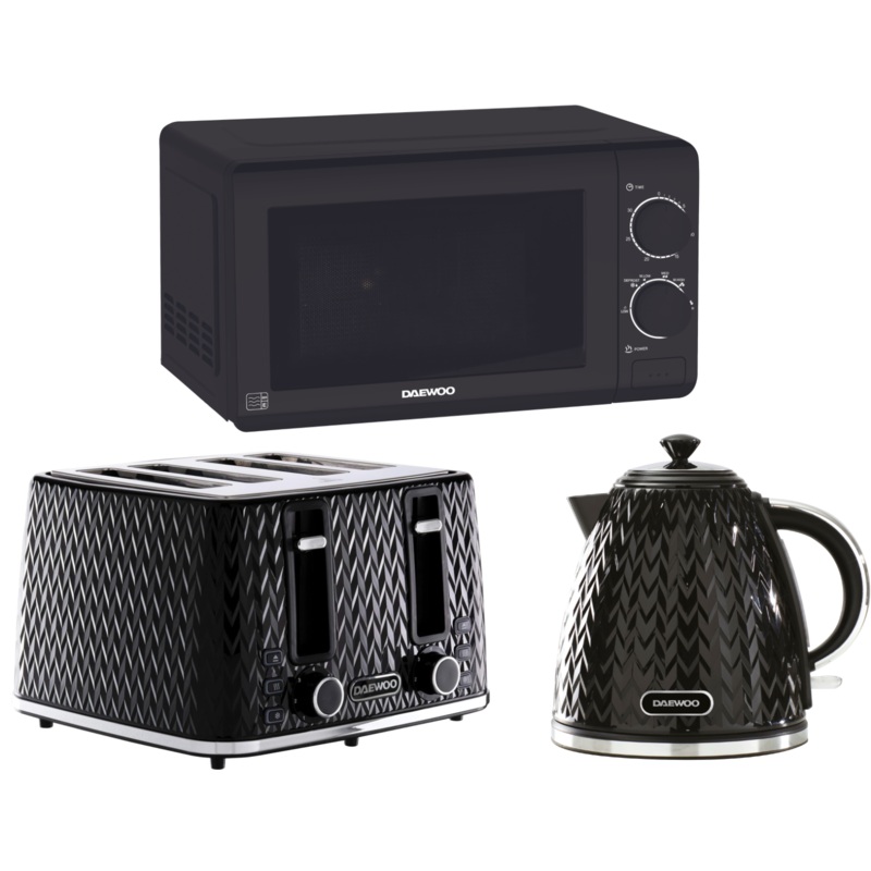 Daewoo Argyle Black 1.7L 3KW Jug Kettle, 4 Slice Toaster & 700W 20L Microwave Matching Set