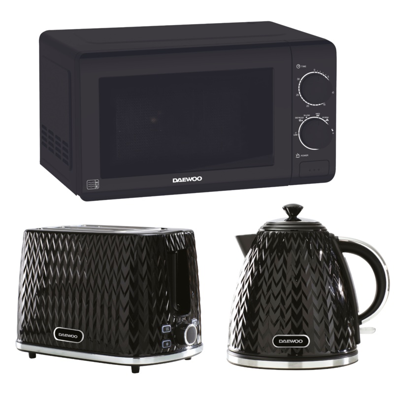 Daewoo Argyle Black Jug Kettle 2 Slice Toaster & SDA2161 700W 20L Microwave Set