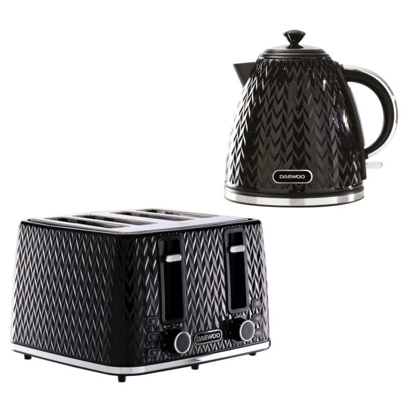 Daewoo Argyle Black Jug Kettle & 4 Slice Toaster Matching Kettle & Toaster Set with Patterned Design