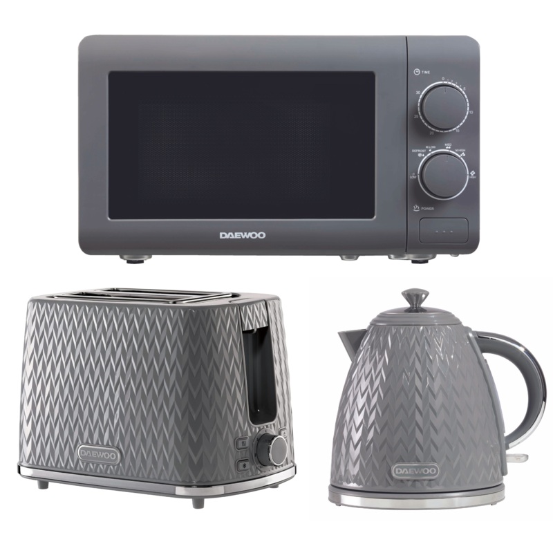 Daewoo Argyle Grey 1.7L 3KW Jug Kettle, 2 Slice Toaster & 800W 20L Manual Microwave Matching Set