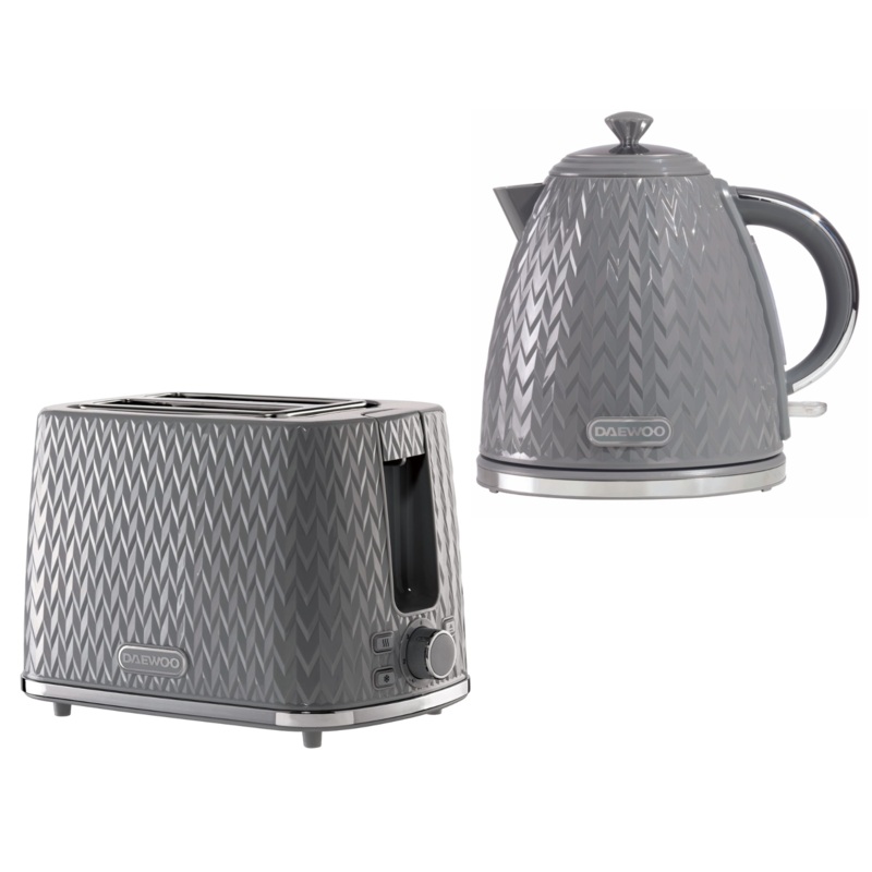 Daewoo Argyle Grey 1.7L 3KW Jug Kettle & 2 Slice Toaster Matching Set with Patterned Design