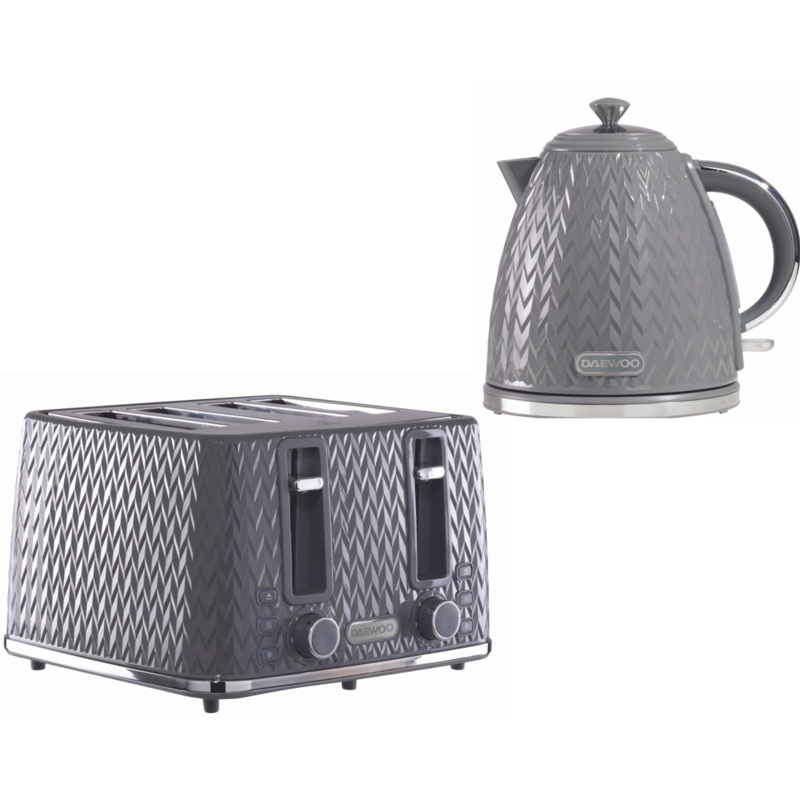 Daewoo Argyle Grey 1.7L 3KW Jug Kettle & 4 Slice Toaster Matching Set Patterned Design