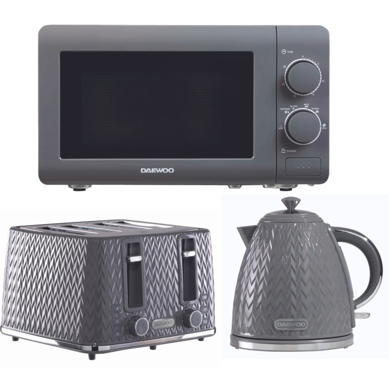 Daewoo Argyle Grey 1.7L 3KW Kettle, 4 Slice Toaster & 800W 20L Microwave Matching Kitchen Set