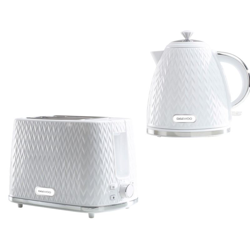 Daewoo Argyle White 1.7L 3KW Jug Kettle & 2 Slice Toaster Matching Set with Patterned Design