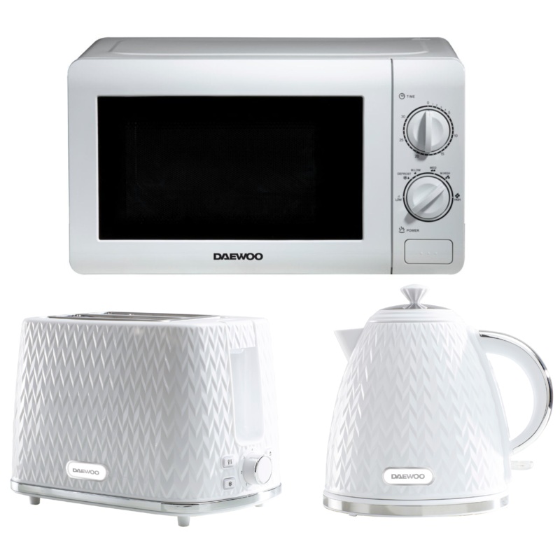 Daewoo Argyle White 1.7L 3KW Jug Kettle, 2 Slice Toaster & SDA2075GE 800W 20L Microwave Set