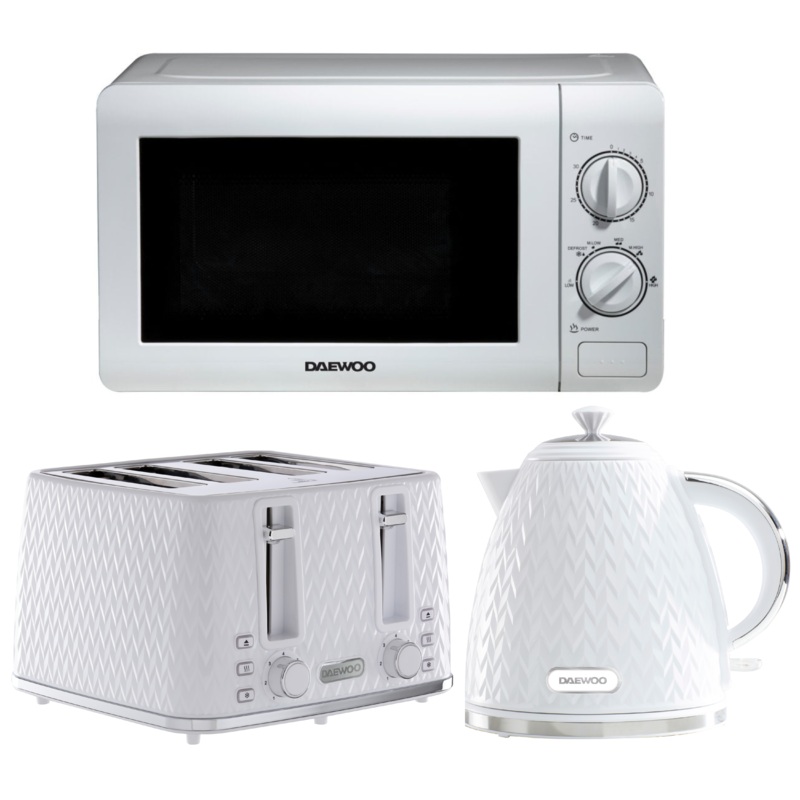 Daewoo Argyle White 1.7L 3KW Jug Kettle, 4 Slice Toaster & 800W 20L Manual Microwave SD2075GE Set