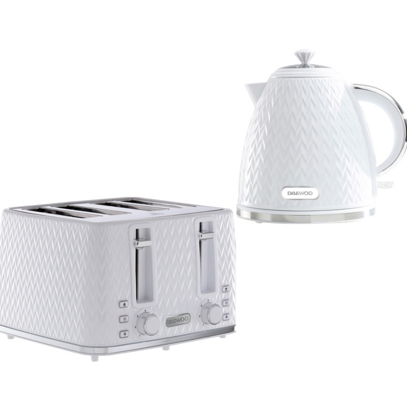 Daewoo Argyle White Jug Kettle & 4 Slice Toaster Matching Set Patterned Design