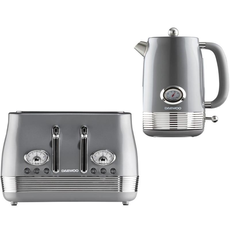 Daewoo Baltimore Grey 1.5L 3KW Kettle & 4 Slice Toaster Matching Set Smoked Grey